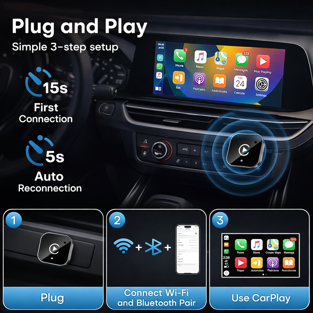 Wireless CarPlay & Android Auto Adapter – Convert Wired CarPlay to Wireless (Plug & Play)